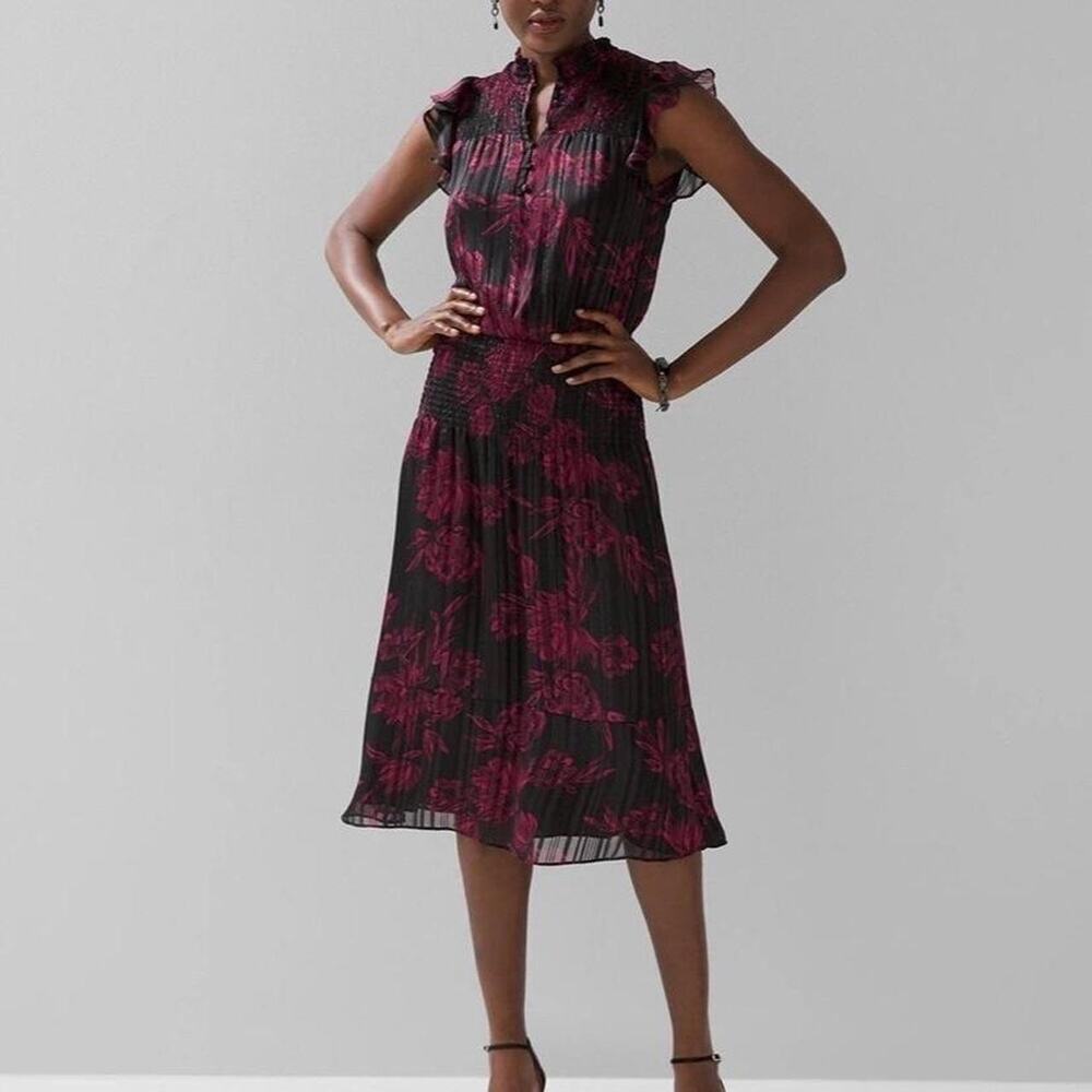 White House Black Market Smocked Waist Ruffle Floral Midi Dress Size Medium NWT